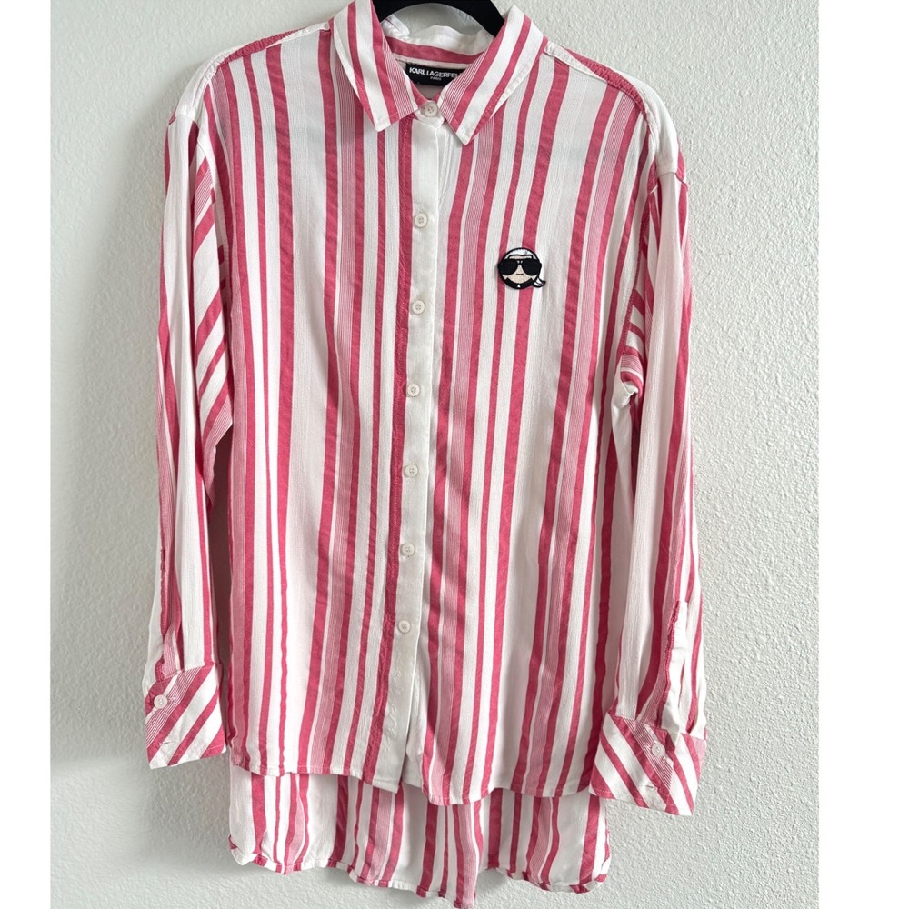 Karl Lagerfeld Paris Pink White Button Down Shirt Cover-up Karl patch